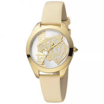 JUST CAVALLI dameshorloge JC1L210L0015 32mm zilveren wijzerplaat bruin lederen band