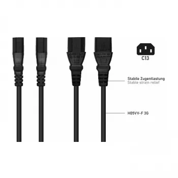 Kabelmeister Schuko-stekker (90° haaks) naar 2x IEC C13 Y-stroomverdeelkabel, 2m, Zwart