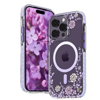 Kingxbar Apple iPhone 14 Pro MagSafe hoes met pioenrozenprint Flora Series lila