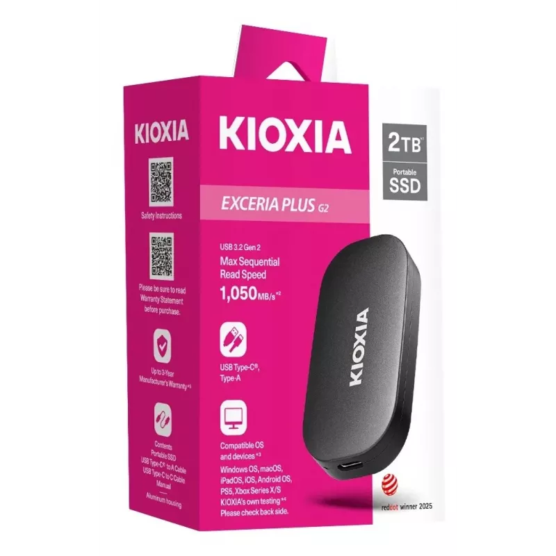 KIOXIA EXCERIA PLUS G2 500GB draagbare externe SSD USB 3.2 Gen 2 USB-C 256-bit AES hardware-encryptie TCG Opal 2.01