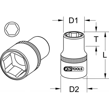 KS TOOLS 1 inch aandrijving 38mm korte zeskant-dopsleutel, 6-kant, chroom-vanadium, DIN 3124 911.1038