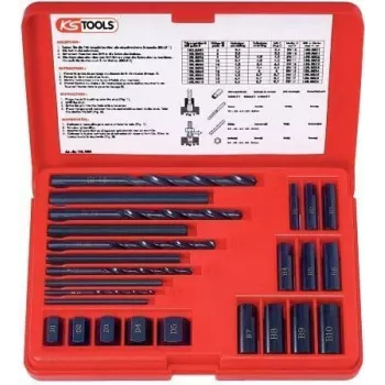 KS TOOLS 25-delige schroefuitdraaier-set, linkse uitdraaier HSS, M3-M18, met spiraalboren & boorgeleiders (150.1305)