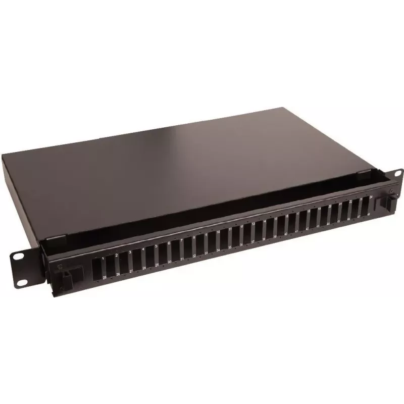 Lanview LVO231552 19 inch 1U 24-poorts glasvezel-patchpanel voor SC Duplex/LC Quad, rackmontage, zwart