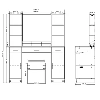 LEAN cosmeticakaptafel met LED-spiegel, laden en kast, wit, 141x114x39 cm