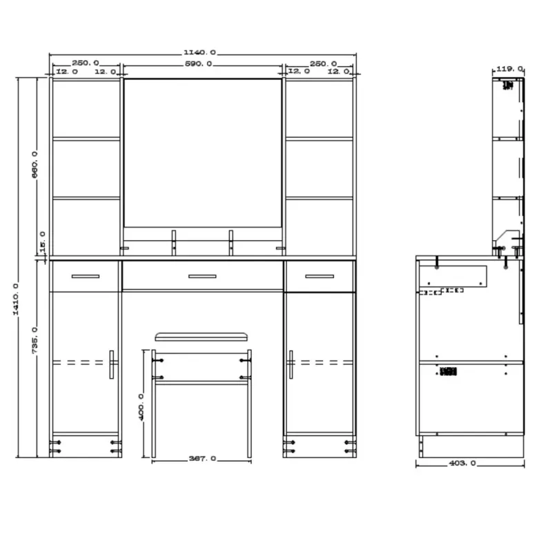 LEAN cosmeticakaptafel met LED-spiegel, laden en kast, wit, 141x114x39 cm