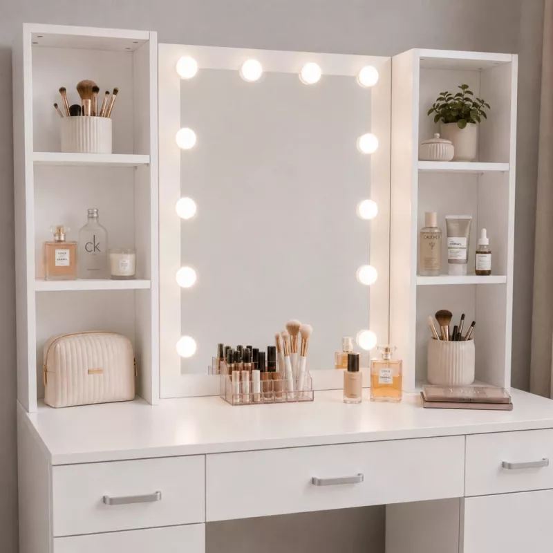 LEAN cosmeticakaptafel met LED-spiegel, laden en kast, wit, 141x114x39 cm