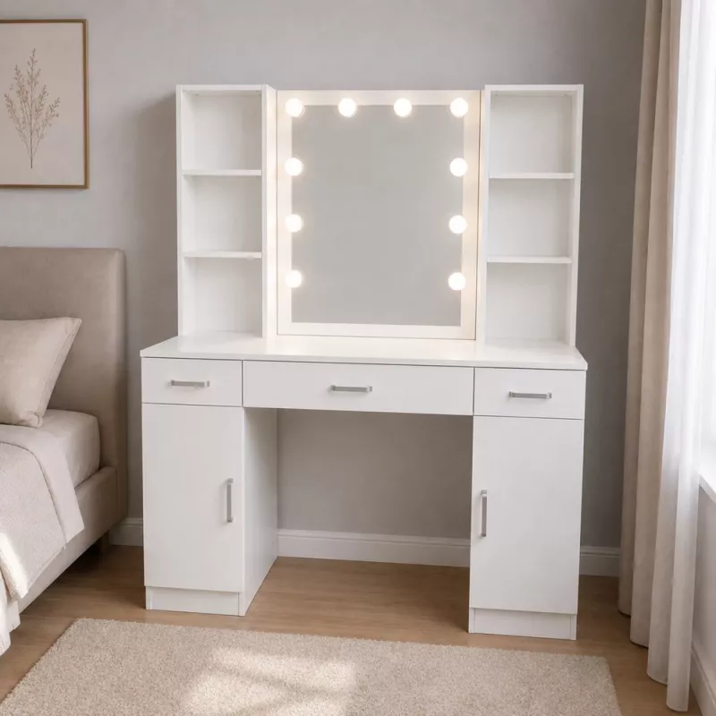 LEAN cosmeticakaptafel met LED-spiegel, laden en kast, wit, 141x114x39 cm