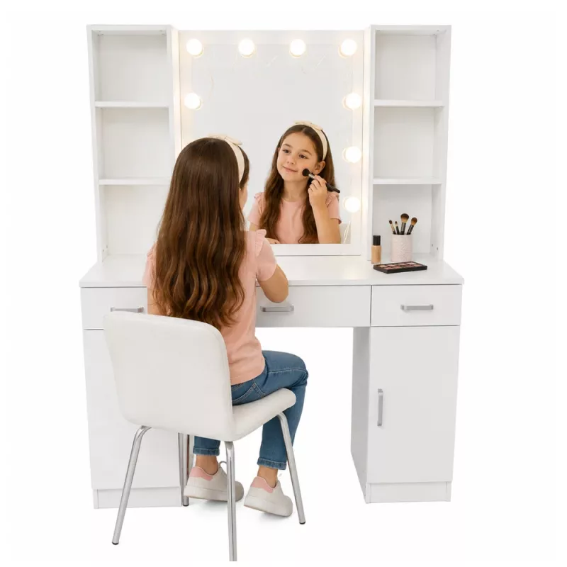LEAN cosmeticakaptafel met LED-spiegel, laden en kast, wit, 141x114x39 cm