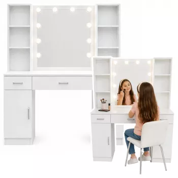LEAN cosmeticakaptafel met LED-spiegel, laden en kast, wit, 141x114x39 cm