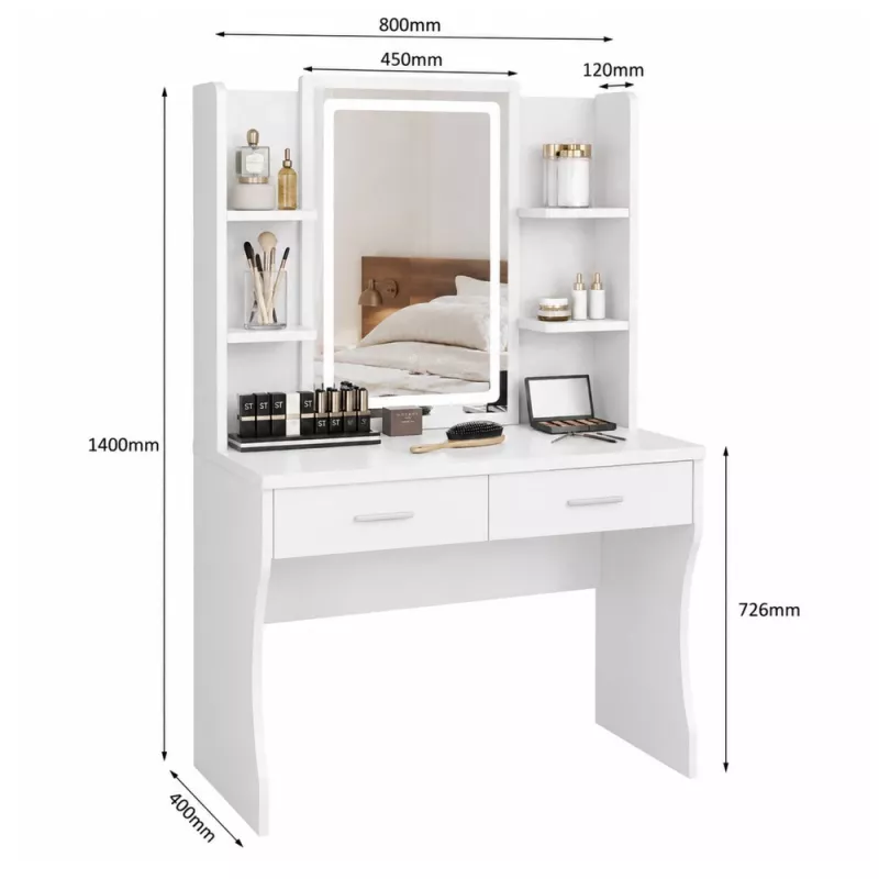 LEAN kaptafel met LED-spiegel, planken, laden, wit 140x80x40 cm