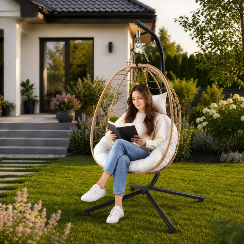 LEAN hangende schommelstoel tuin cocon met kussens schommel bruin frame