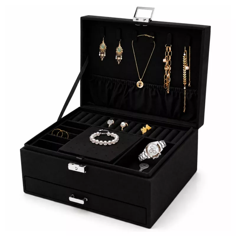 LEAN sieraden organizer box met lade en slot, zwart fluweel