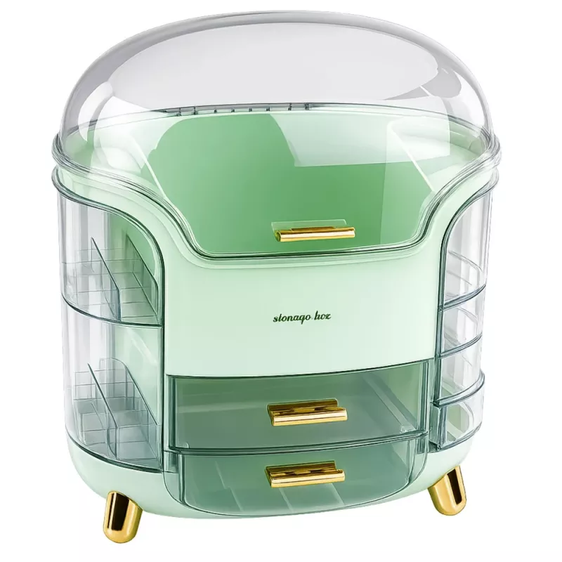 LEAN Grote cosmetic organizer met 2 niveaus, 3 laden en transparant deksel, groen