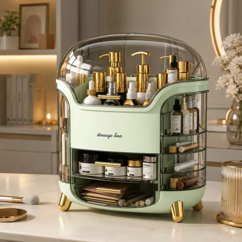 LEAN Grote cosmetic organizer met 2 niveaus, 3 laden en transparant deksel, groen