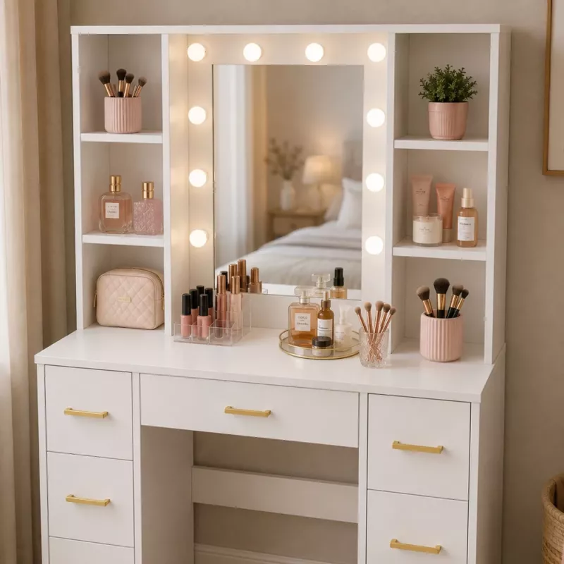 LEAN Grote kaptafel met spiegel en LED-verlichting, 7 laden, planken, wit, 140x100x40 cm