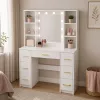 LEAN Grote kaptafel met spiegel en LED-verlichting, 7 laden, planken, wit, 140x100x40 cm