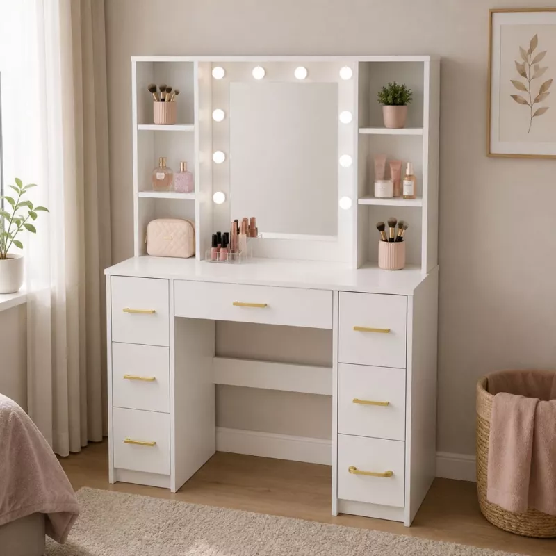 LEAN Grote kaptafel met spiegel en LED-verlichting, 7 laden, planken, wit, 140x100x40 cm