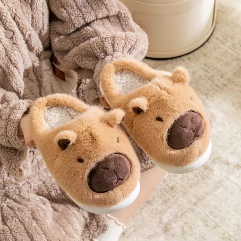 LEAN pluche capybara slippers met oren warm zacht beige maat 32-33