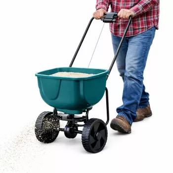 LEAN ronddraaiende zaaimachine op wielen voor het uitstrooien van mest, graszaad, zout en zand, 27L