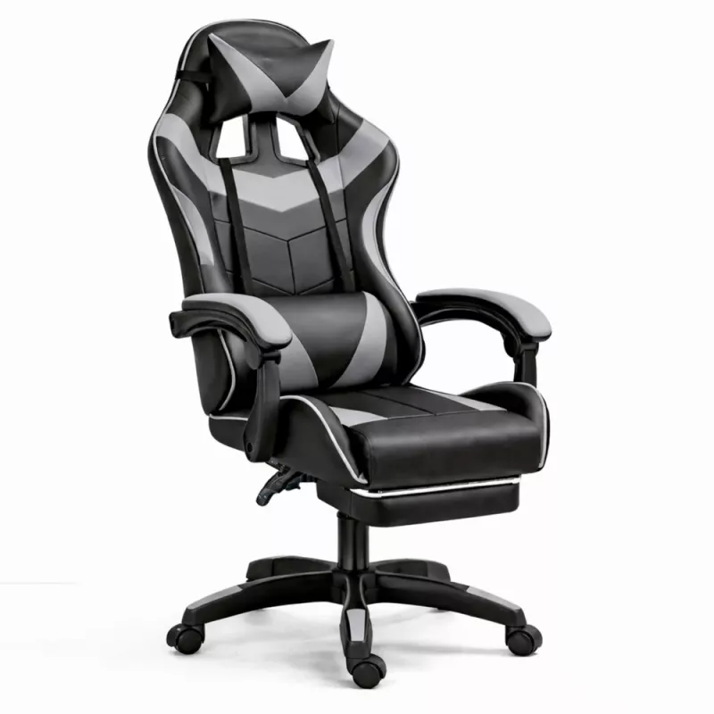 LEAN draaibare gaming bureaustoel met voetsteun en kussens zwart en grijs