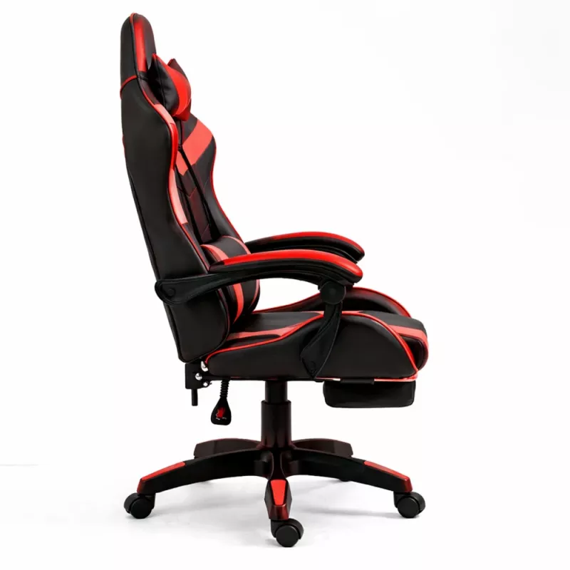 LEAN draaibare gaming bureaustoel met voetsteun en kussens, zwart en rood