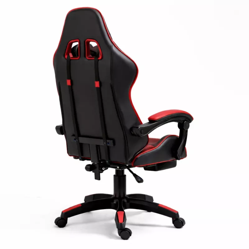 LEAN draaibare gaming bureaustoel met voetsteun en kussens, zwart en rood