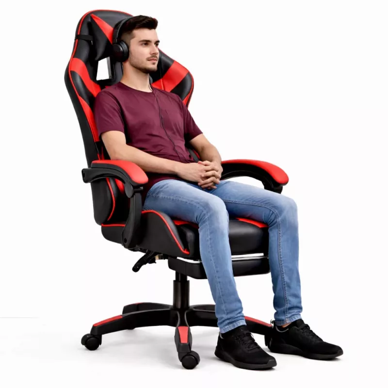LEAN draaibare gaming bureaustoel met voetsteun en kussens, zwart en rood