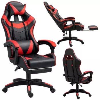 LEAN draaibare gaming bureaustoel met voetsteun en kussens, zwart en rood