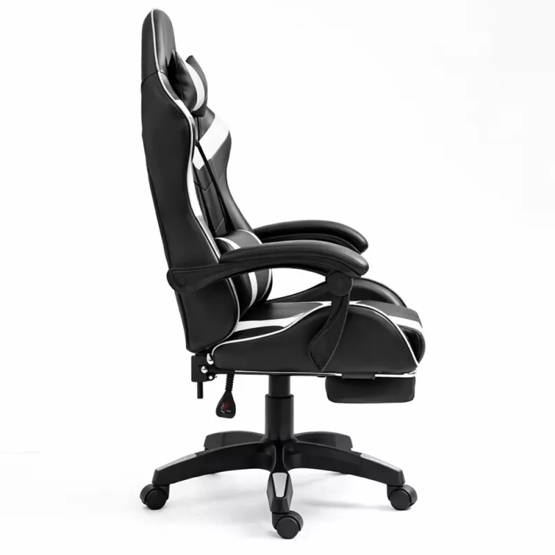 LEAN draaibare gaming bureaustoel met voetsteun en kussen, zwart en wit