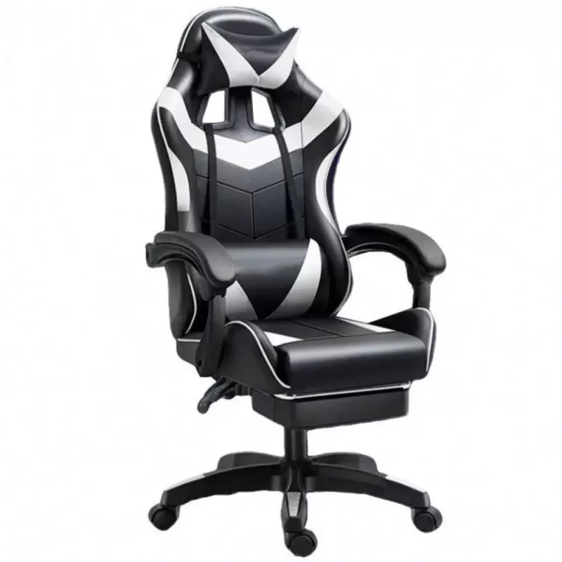 LEAN draaibare gaming bureaustoel met voetsteun en kussen, zwart en wit