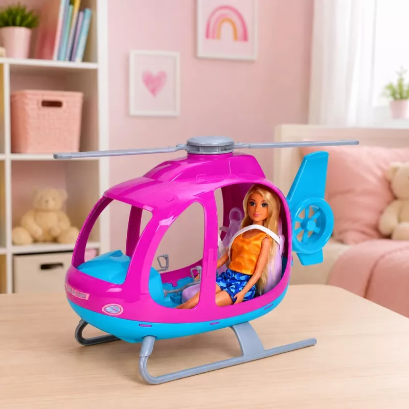 LEAN TOYS Anlily poppenset met grote helikopter, beweegbare rotoren en modepop – paars