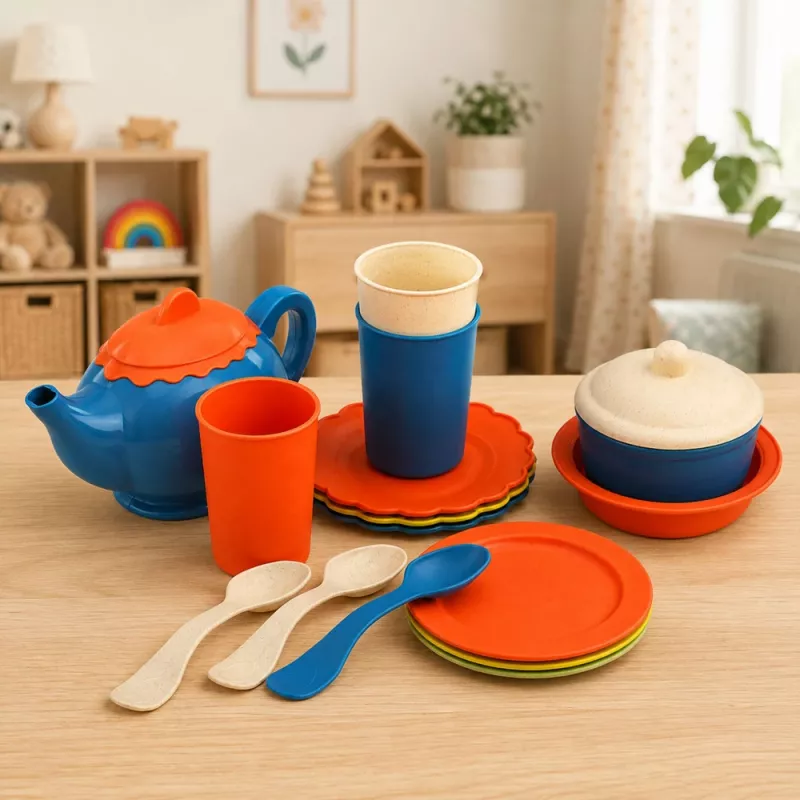 LEAN TOYS kinderservies bamboevezel, blauw en oranje, 15-delige set