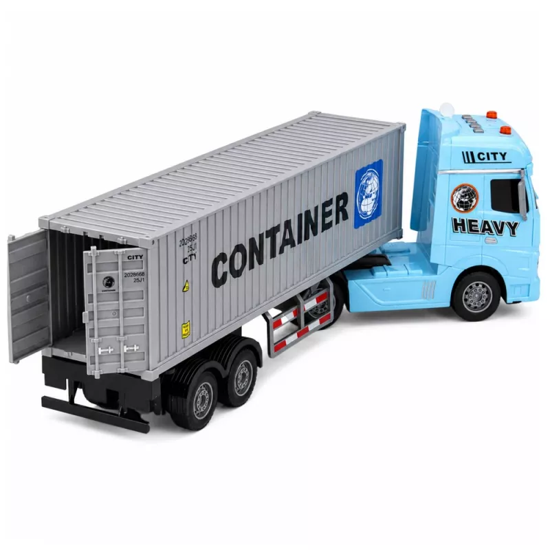 LEAN TOYS containervrachtwagen met openslaande deuren, licht en geluid – blauw, 54 cm