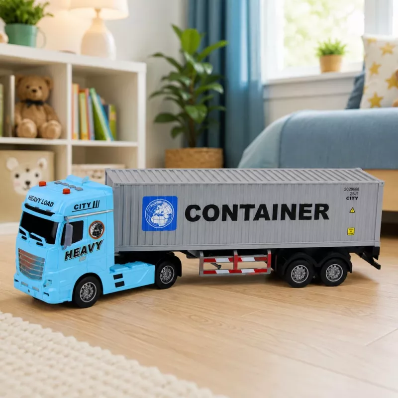 LEAN TOYS containervrachtwagen met openslaande deuren, licht en geluid – blauw, 54 cm