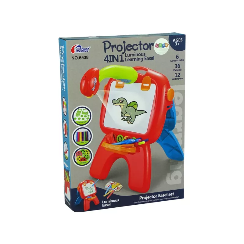 LEAN TOYS dubbelzijdig bord met krijtstiften, standaard en projector voor afbeeldingen, rood