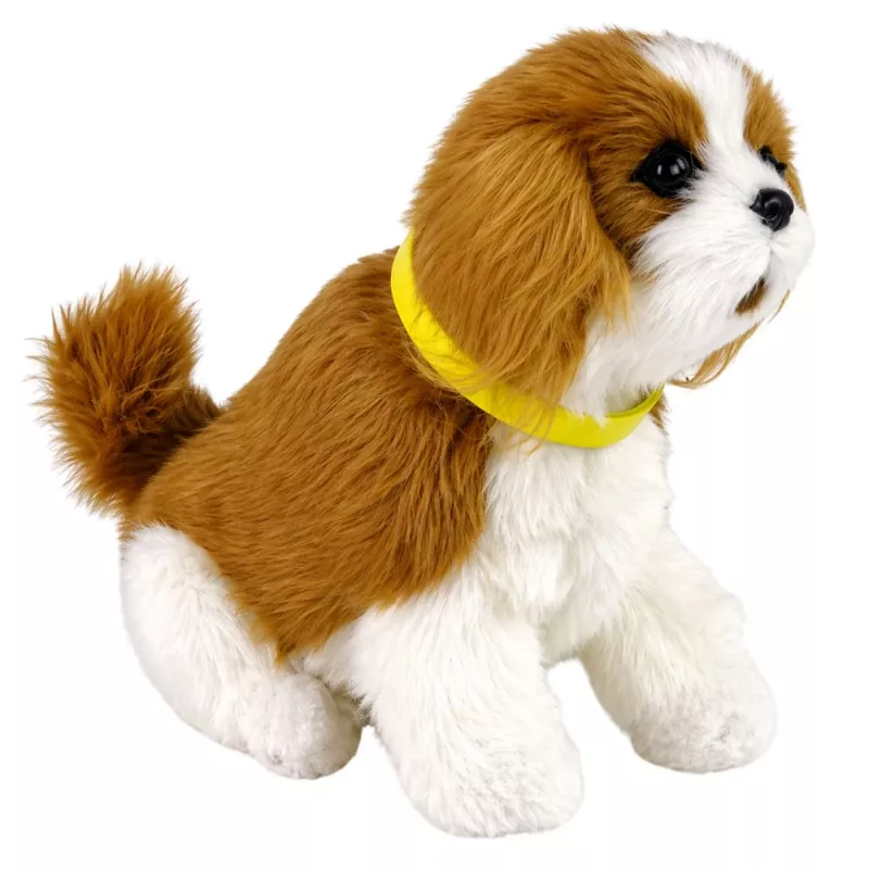 LEAN TOYS Interactieve pluchen hond, zachte vacht, Cavalier ras, hoofd aaien en functies ontdekken