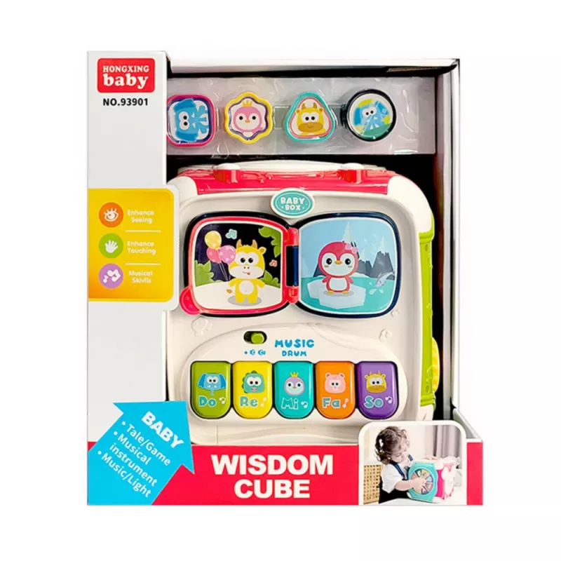 LEAN TOYS grote multifunctionele leerkuub met piano, sorteerder en trommel – interactief 6-zijdig activiteitenspeelgoed met lichtjes, geluiden, kralenlabyrint en vormensorteerder