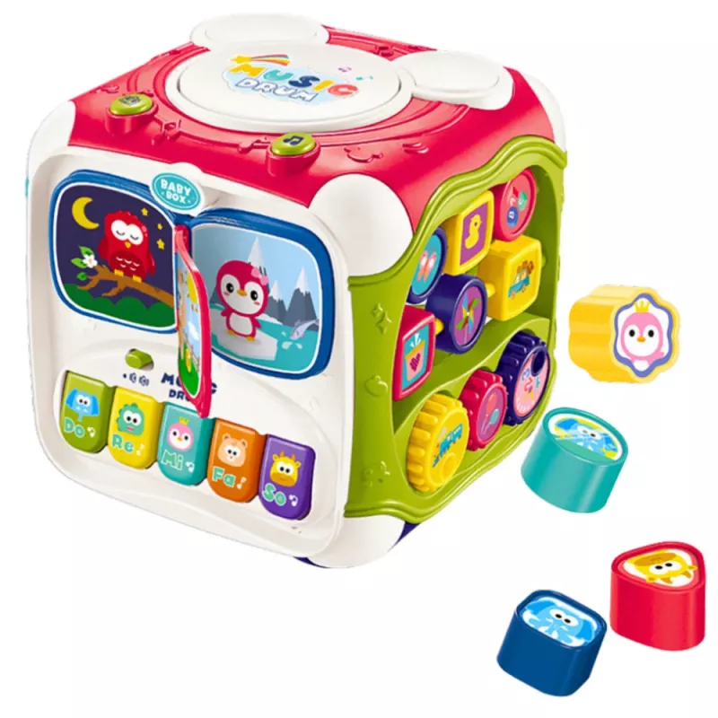 LEAN TOYS grote multifunctionele leerkuub met piano, sorteerder en trommel – interactief 6-zijdig activiteitenspeelgoed met lichtjes, geluiden, kralenlabyrint en vormensorteerder