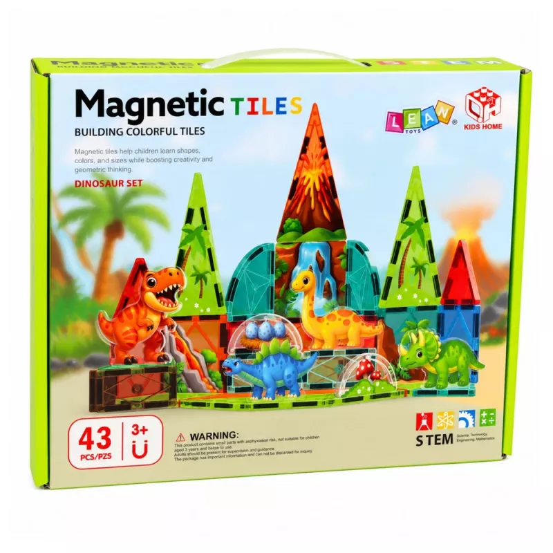 LEAN TOYS magnetische constructieblokken dinosaurus vulkaan set - 43 delen STEM educatief speelgoed voor kinderen vanaf 3 jaar
