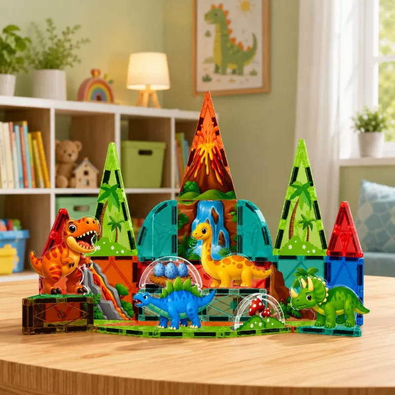LEAN TOYS magnetische constructieblokken dinosaurus vulkaan set - 43 delen STEM educatief speelgoed voor kinderen vanaf 3 jaar