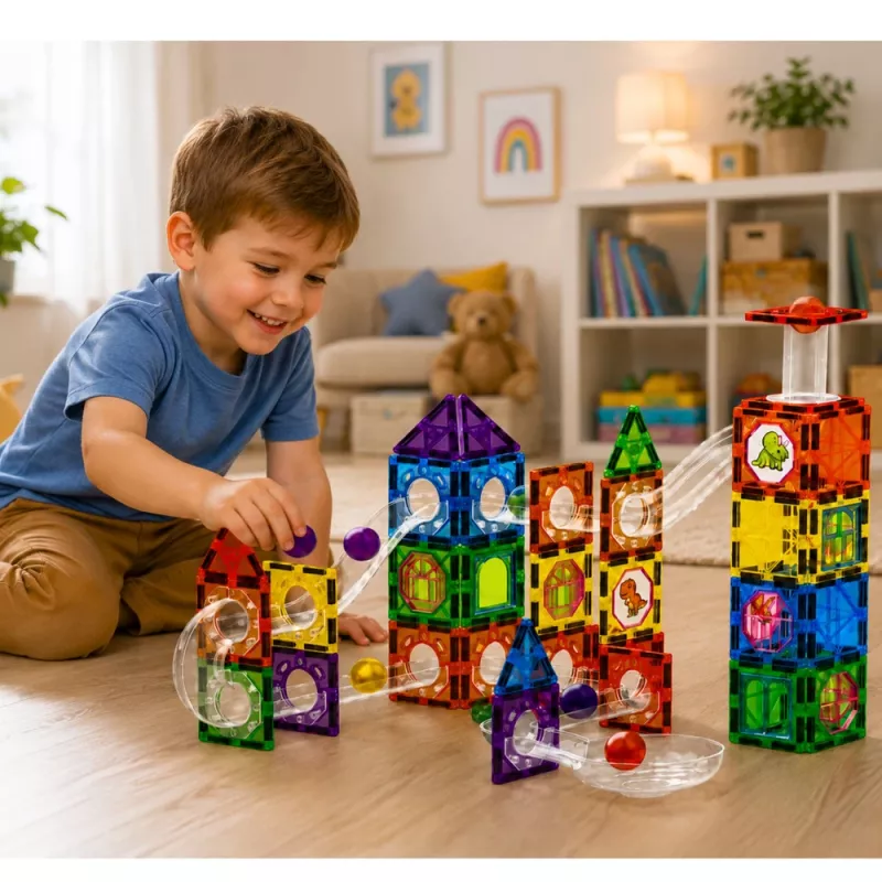 LEAN TOYS magnetische constructieblokken spoorset met STEM-ballen en dinosaurussen – 92 delen