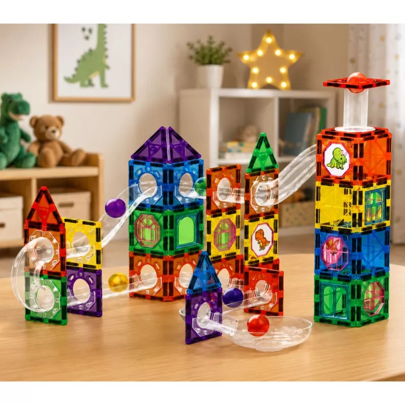 LEAN TOYS magnetische constructieblokken spoorset met STEM-ballen en dinosaurussen – 92 delen