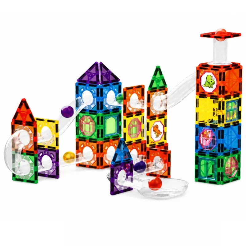 LEAN TOYS magnetische constructieblokken spoorset met STEM-ballen en dinosaurussen – 92 delen