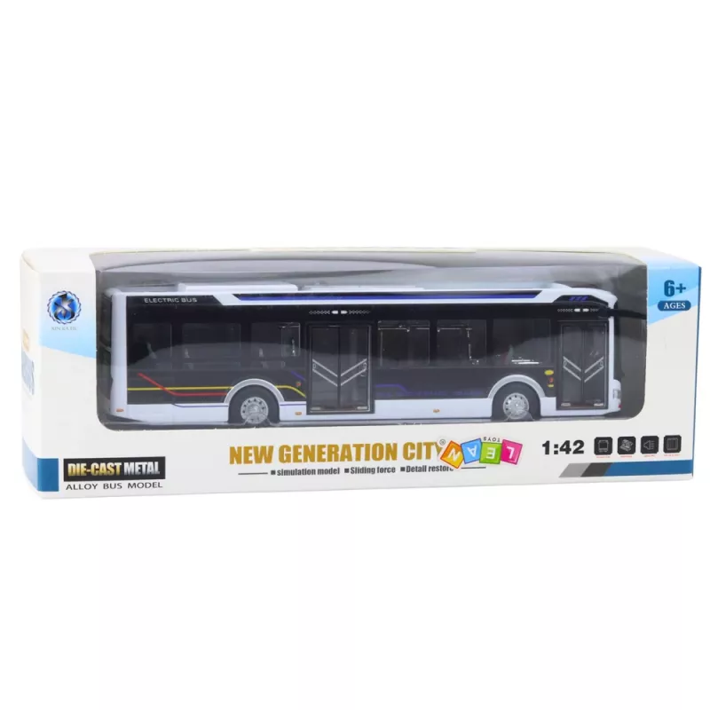 LEAN TOYS metalen stadsbus wit 1:43 diecast model met terugtrekmotor en openslaande deuren