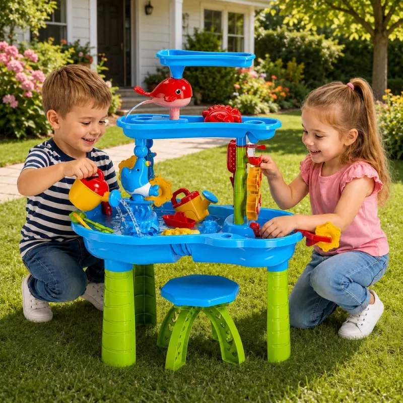 LEAN TOYS meertraps watertafel speelplaats met stoel, accessoires en vormen, 63 cm