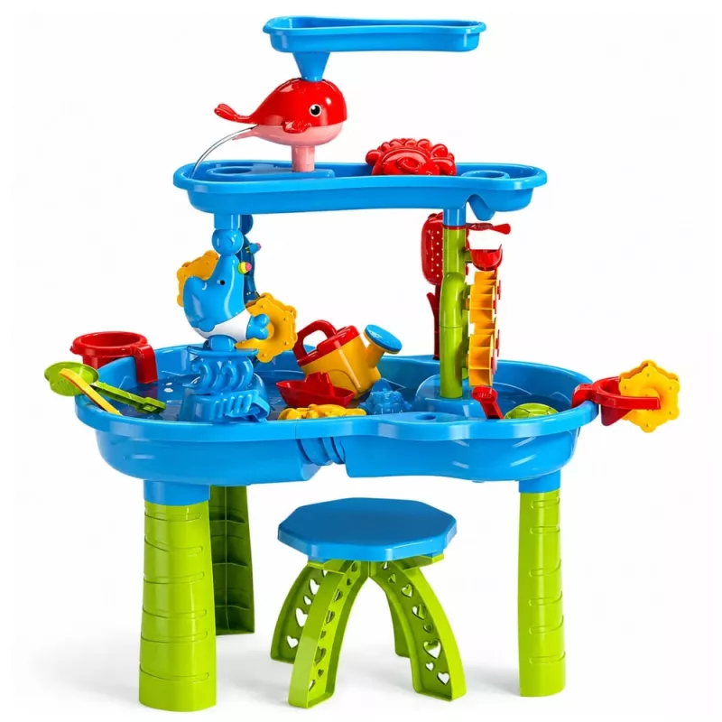 LEAN TOYS meertraps watertafel speelplaats met stoel, accessoires en vormen, 63 cm