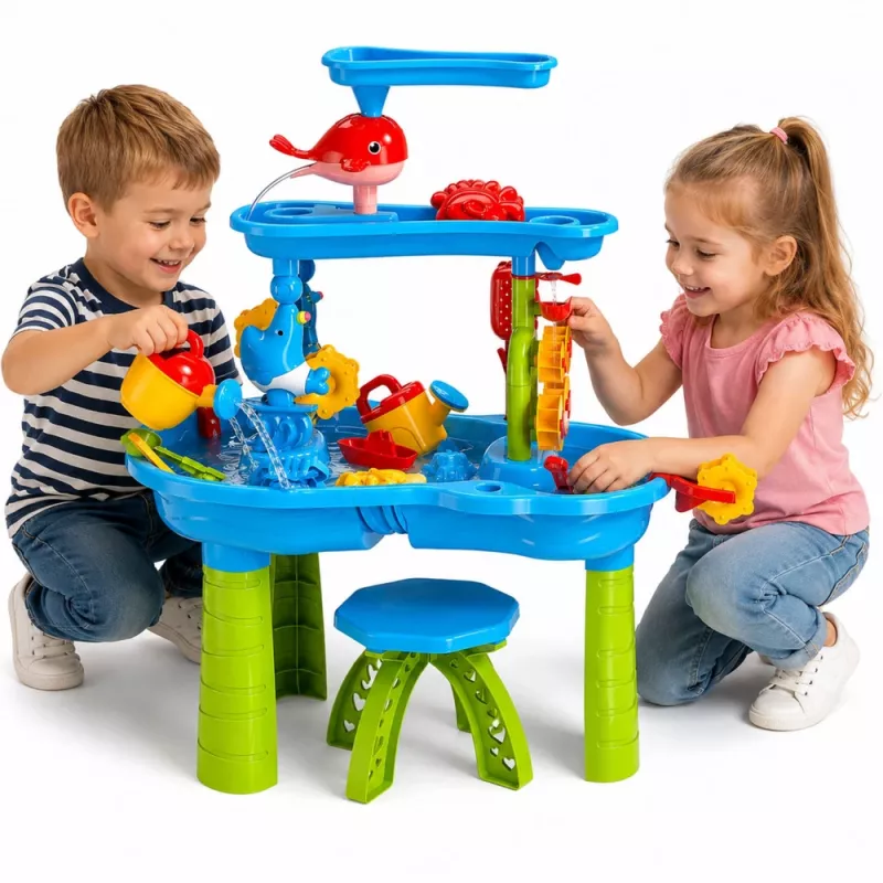 LEAN TOYS meertraps watertafel speelplaats met stoel, accessoires en vormen, 63 cm
