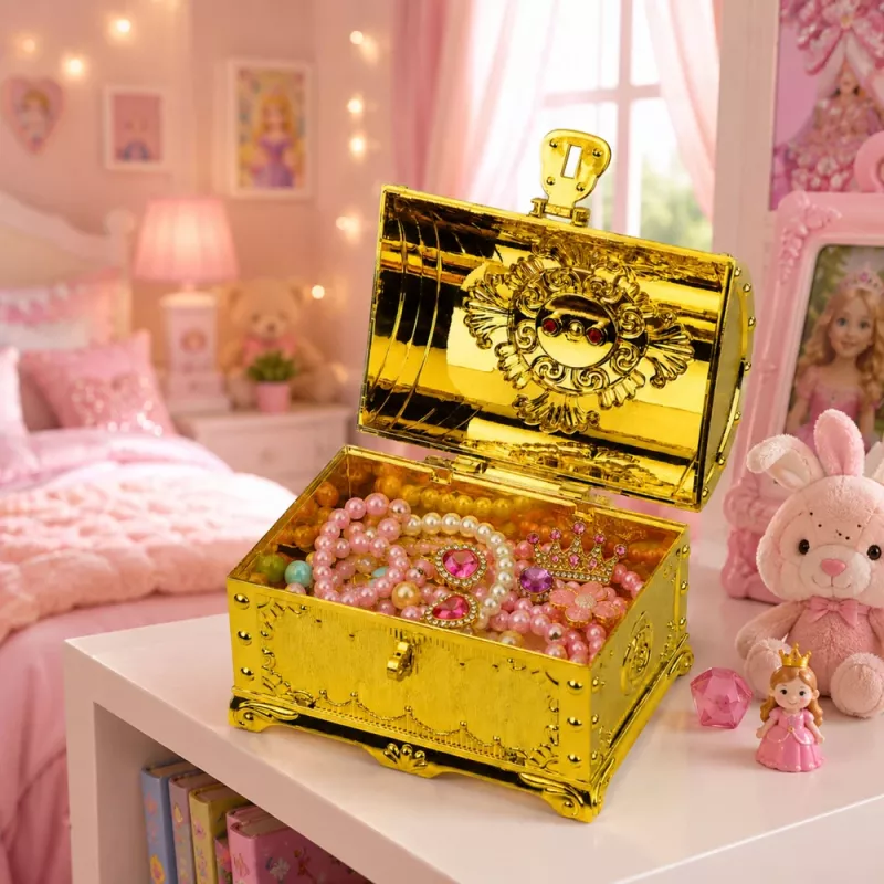 LEAN TOYS plastic schatkist voor kinderen met hangslot en 2 sleutels, goud versierd