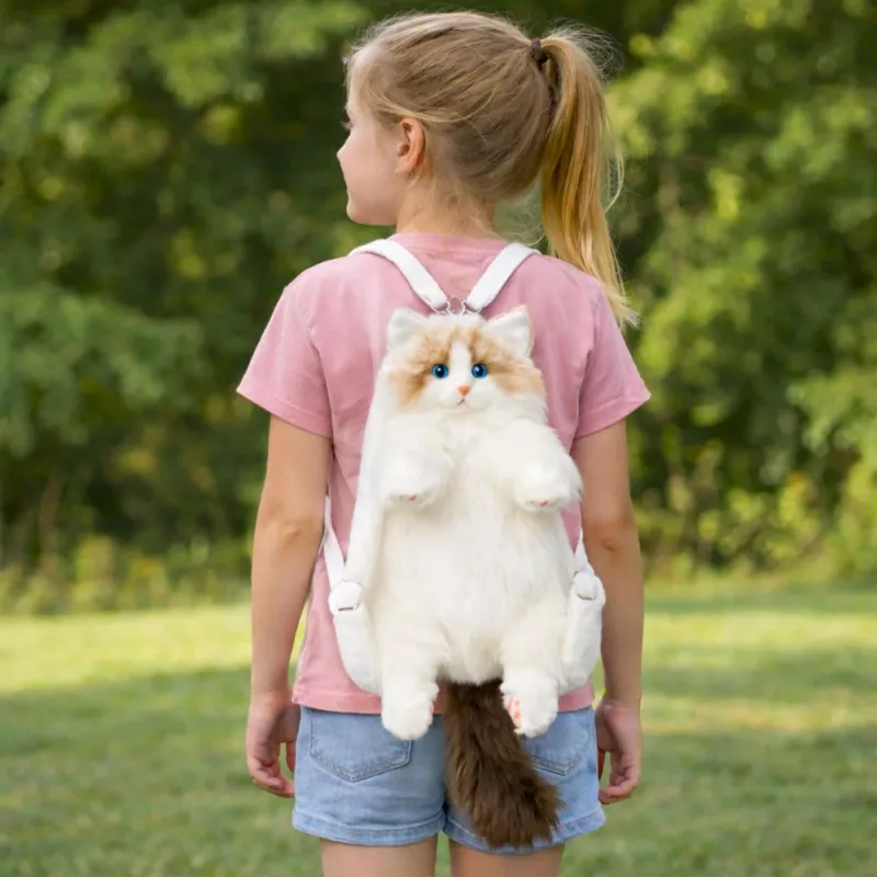 LEAN TOYS Pluchen kattenrugzak mascotte met verstelbare banden en siliconenpoten Wit 50cm