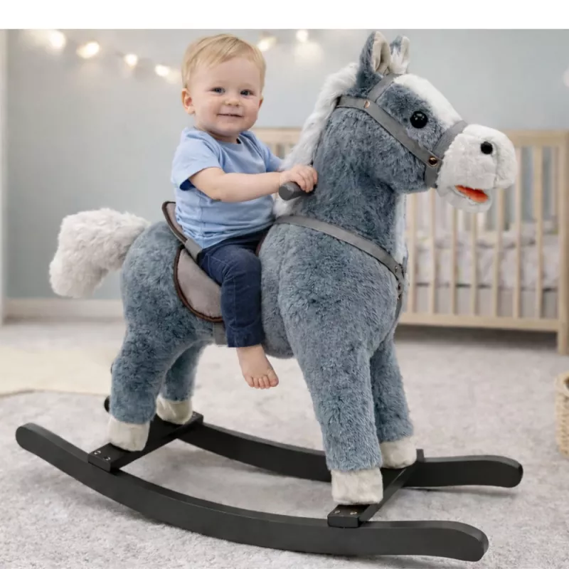 LEAN TOYS Schommelpaard met zadel, voetsteunen, geluiden, grijs, 74 cm